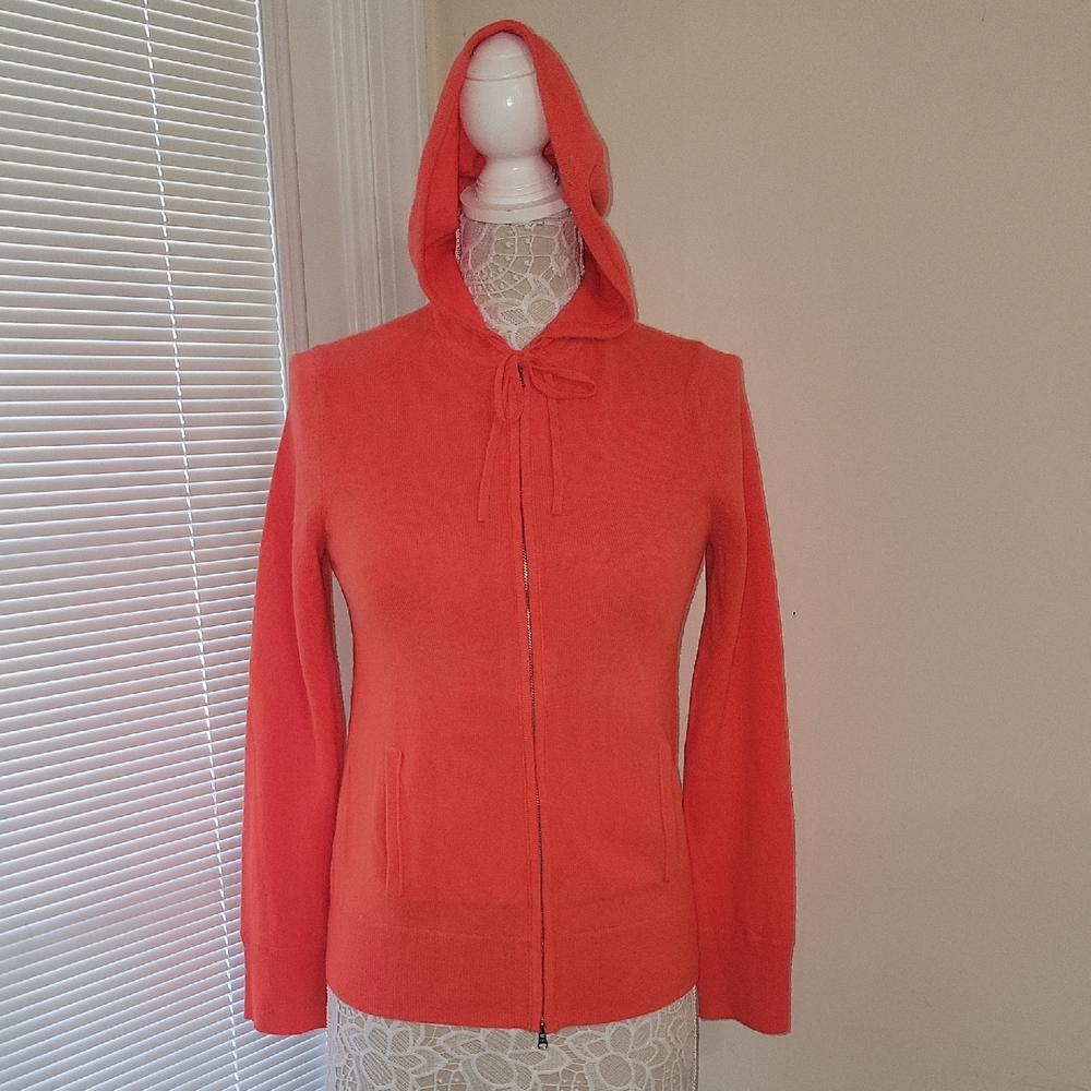 J. Crew Cashmere Full Zip Sweater Hoodie Orange Coral Hooded Sweatshirt Size M